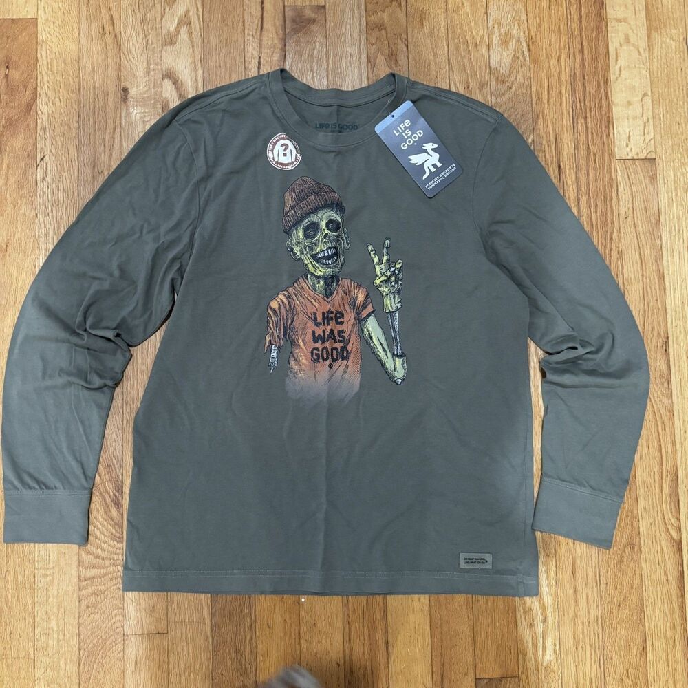 Men's Life Was Good Zombie long Sleeve Crusher Tee Men’s M Moss Green skeleton